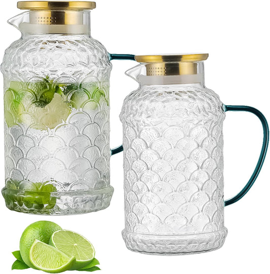 2 PACK Glass Pitcher with Lid,68 oz/2 Liter Fish Scale Design Water Pitcher,Clear Borosilicate Glass Water Carafe for Cold Brew, Coffee, Lemonade, Iced Tea,Heat Resistant Water Glass Jug