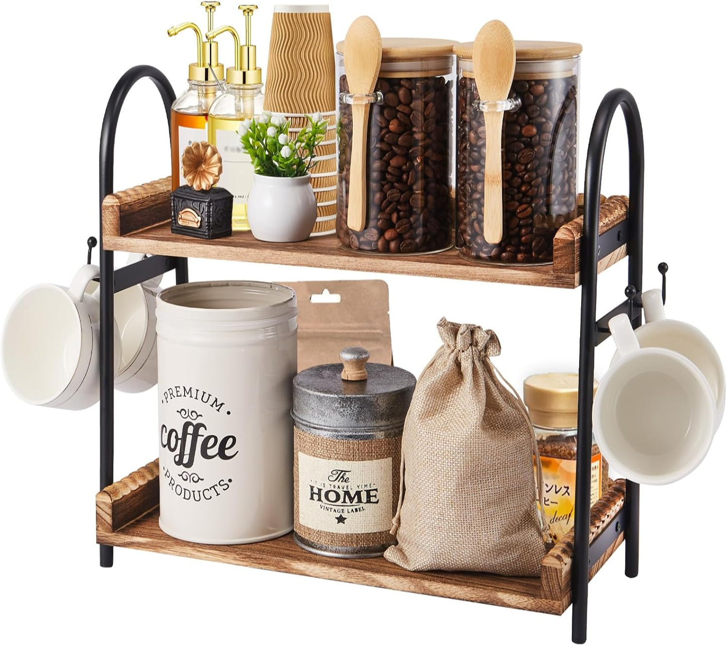 Coffee Bar Accessories, 2-Tier Coffee Bar Organizer with 4 Coffee Cup Holder Hooks, Mul-tifunctional Wooden Beaded Coffee Station Countertop Stand Shelf for Kitchen Home Office