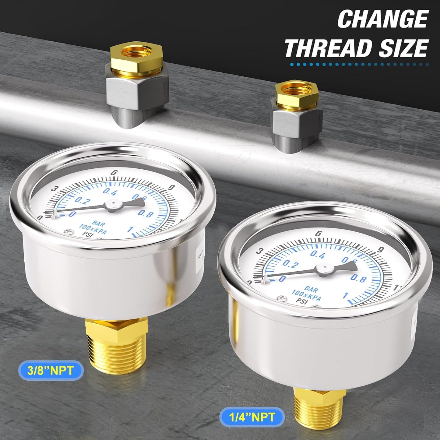 MEANLIN MEASURE 0~15Psi Dry Low Pressure Gauge Stainless Steel 1/8" NPT 2" FACE DIAL Waterproof for Water Oil Air Well Pump Tank Tire Pressure Test Back Mount, with 1/4" NPT and 3/8" NPT Hex Bushing