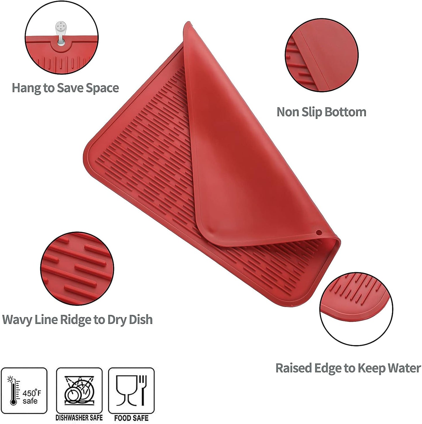 Silicone Dish Drying Mat for Multiple Usage,Easy clean,Eco-friendly,Heat-resistant Silicone Mat for Kitchen Counter or Sink,Refrigerator or Drawer Liner Red 2XL 24 inches x 18 inches