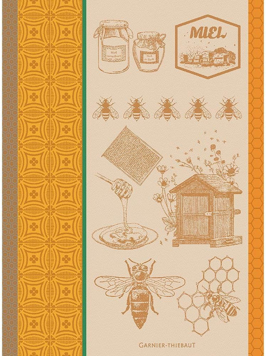 Garnier Thiebaut Miel Et Abeilles Ocre (Honey and Bees) French Kitchen Towel 22"x30", Cotton, Jacquard