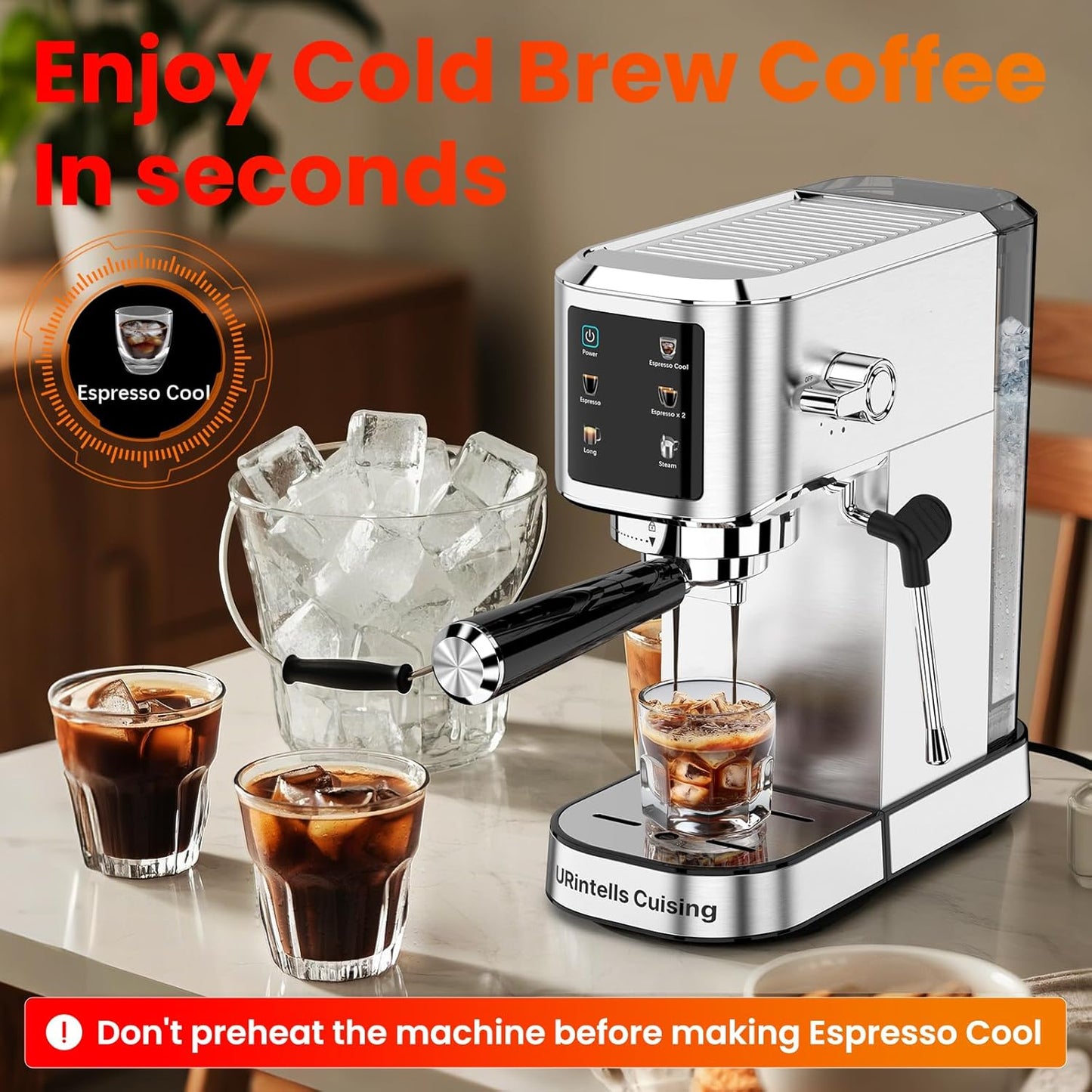 Espresso Machine 20 Bar,Touchscreen Espresso Maker with Steam Milk Frother, Stainless Steel Expresso Coffee Machine for Home with Removable Water Tank for Cappuccino Latte,Cold Brew,Long Coffee