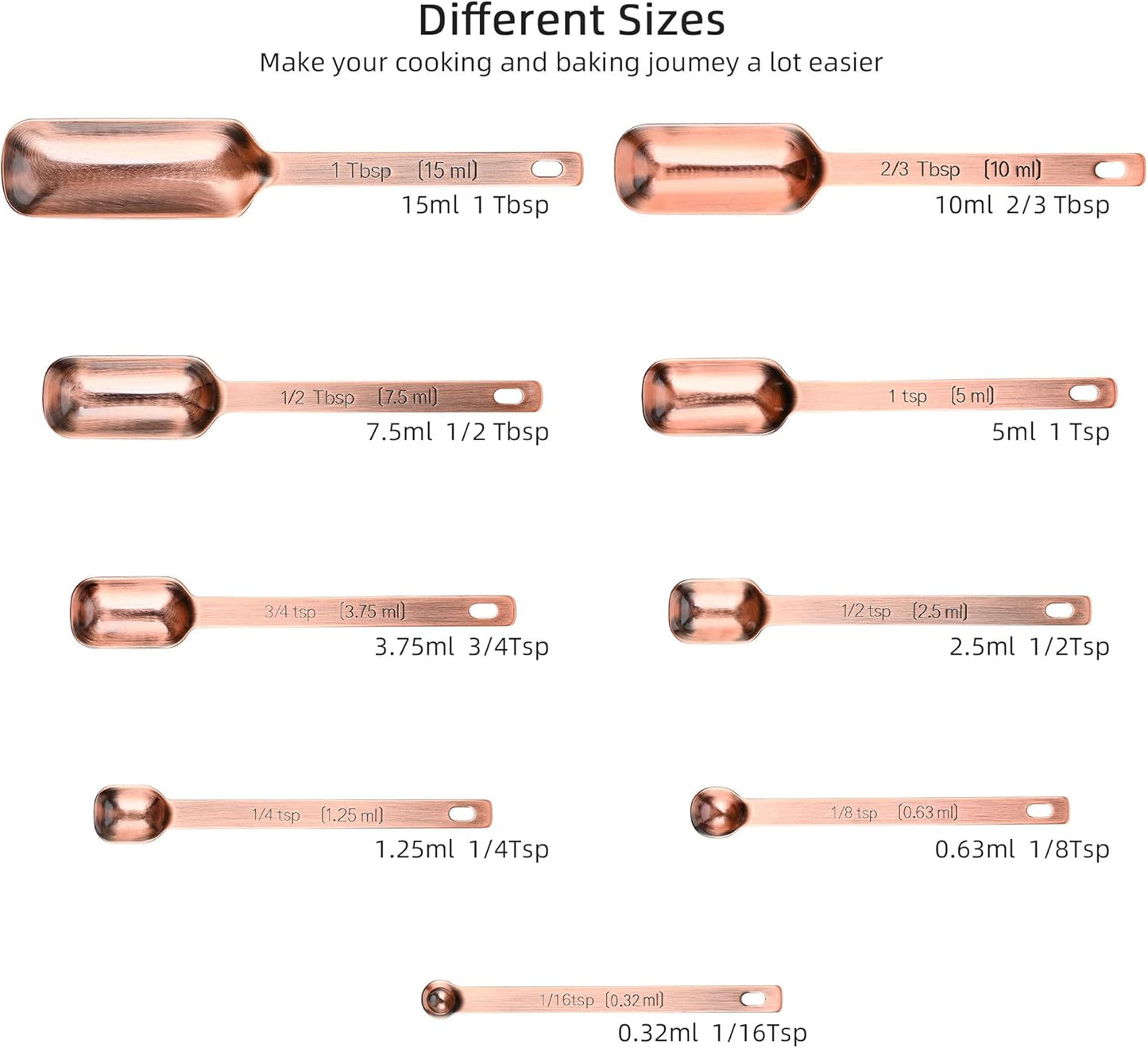 Smithcraft Copper Measuring Spoons Set 10, Stainless Steel Measuring Spoons with Leveler, Metric & US Metal Measuring Spoons fro Baking & Kitchen, Dry&Liquid Long Handle Measruing Spoons for Spice Jar