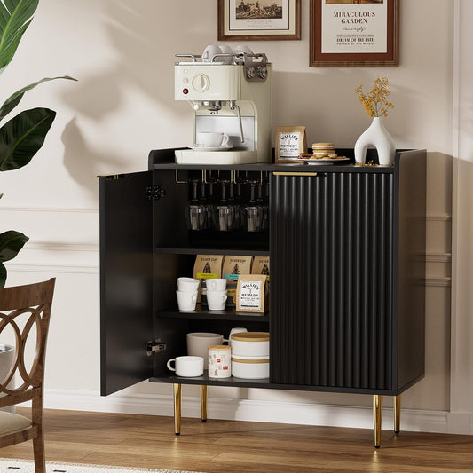 EOYUTLLY Coffee Bar Cabinet with Wine Rack & Glass Holder, Liquor Cabinet with Fluted Doors, Modern Sideboard Buffet Cabinet with Drawer Storage for Living Room Kitchen, Black
