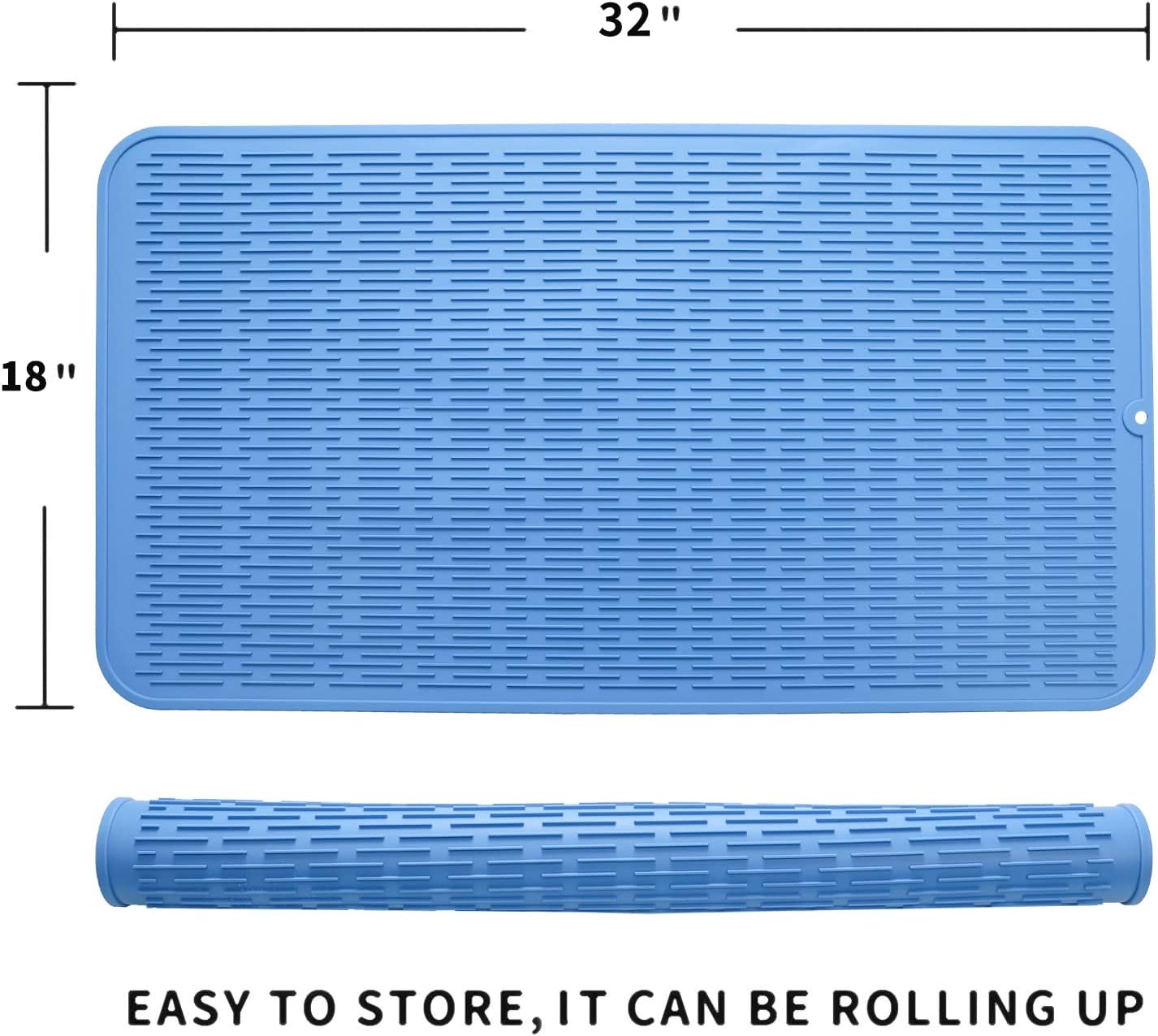 Silicone Dish Drying Mat for Multiple Usage,Easy clean,Eco-friendly,Heat-resistant Silicone Mat for Kitchen Counter or Sink,Refrigerator or Drawer Liner Lichen BlueL 4XL 32 inches x 18 inches