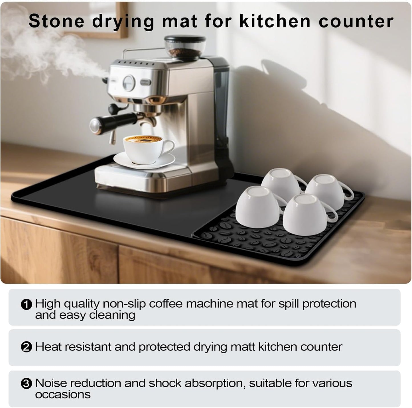Silicone Coffee Bar Mat 24''x16'' Non-Slip Coffee Maker Mat, Heat-resistant Silicone Mat Detachable Dish Drying Mats for Kitchen Countertops, Station Mat, Waterproof Under Pad (black, 24''x16'')