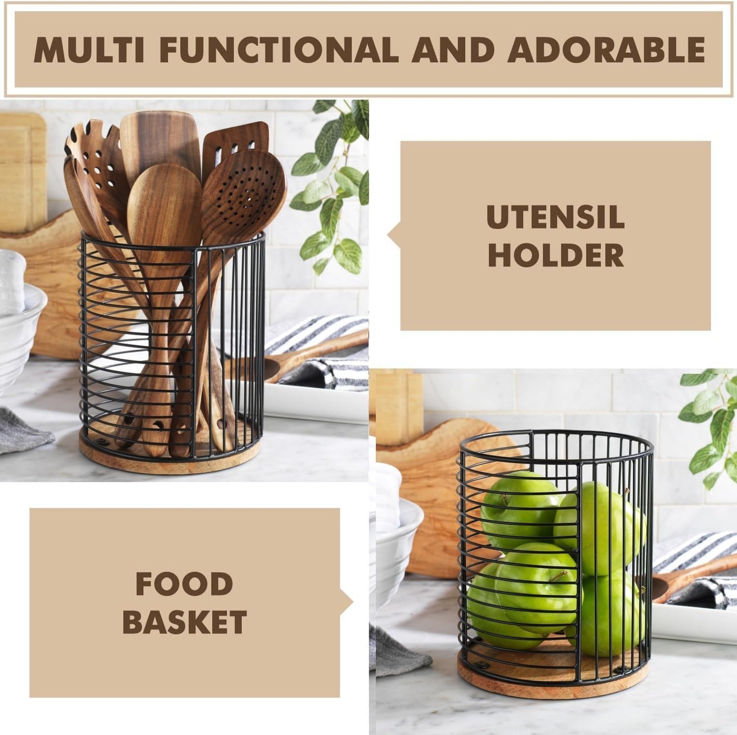 MosJos Coffee Pod Storage Holder, Metal Wire Basket with Wood Base, Countertop Coffee Capsule Organizer (89357)