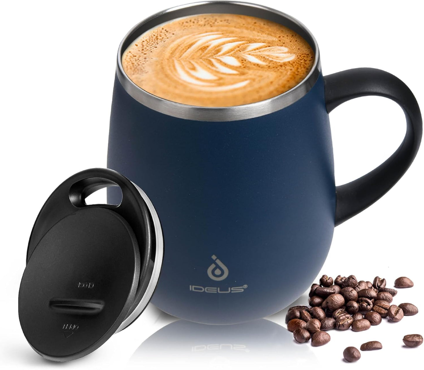 Ideus 16 oz Insulated Coffee Mug with Handle and Lid, Double Wall Stainless Steel Vacuum Thermal Coffee Mug, Travel Coffee Cup Thermal Cup for Home and Office, Navy Blue