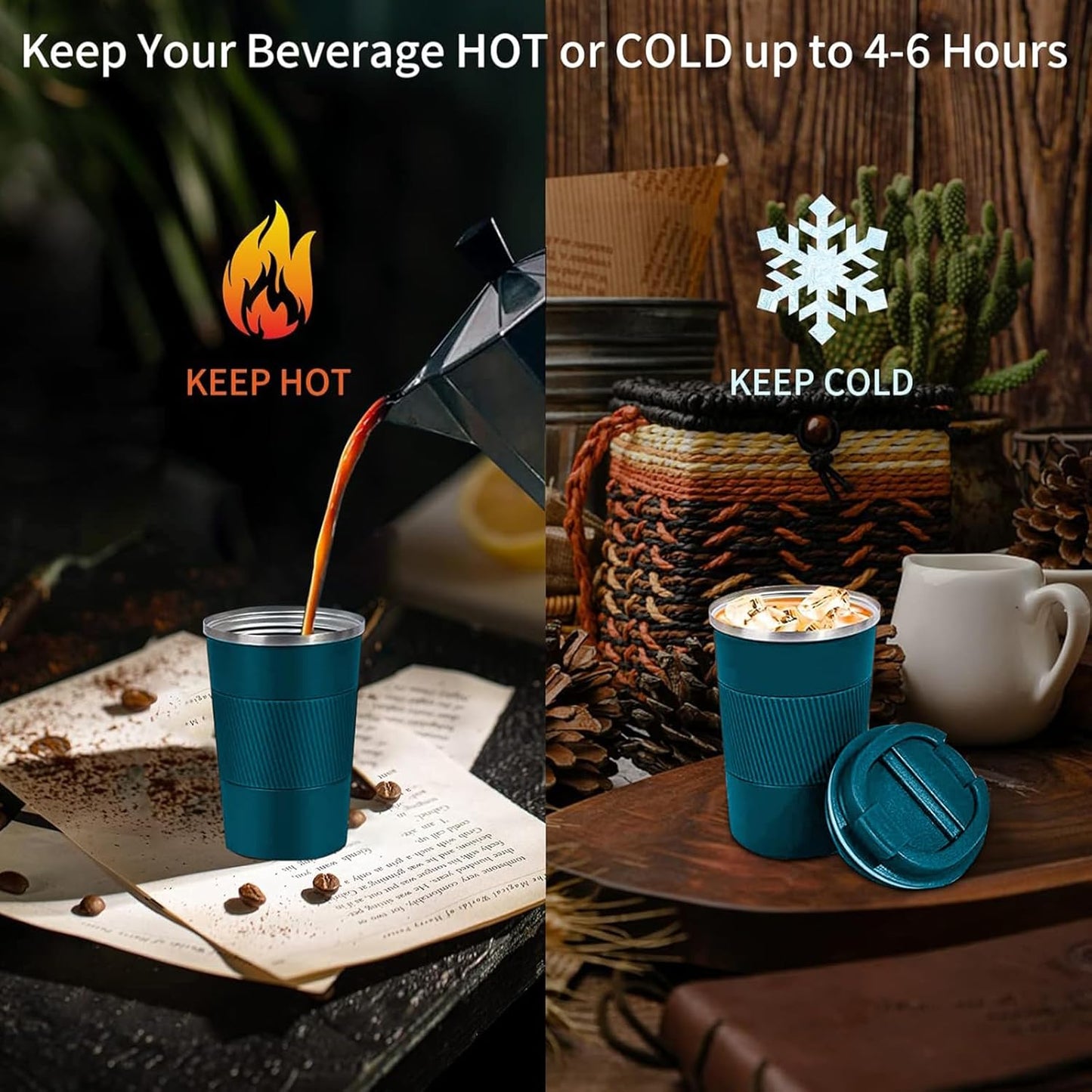 YINBAOGE Insulated Travel Coffee Mug Spill Proof Leak Proof Pobtable To Go Camping Stainless Steel Coffee Tumbler Reusable Coffee Cups with Lids Thermos for Hot and Cold Drink (Blue, 12 OZ)