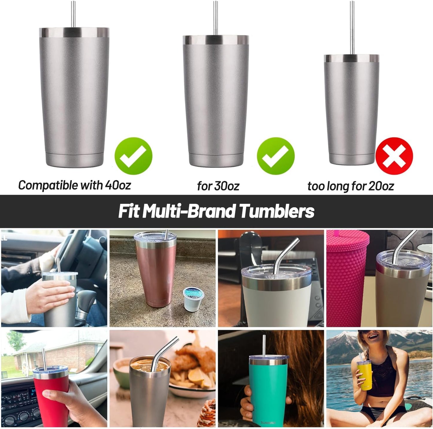 VEHHE Stainless Steel Stanley Straws, 4 Pack 12.5-inchs Long Reusable Stanley Cup Straw with Cleaning Brush (Silver)