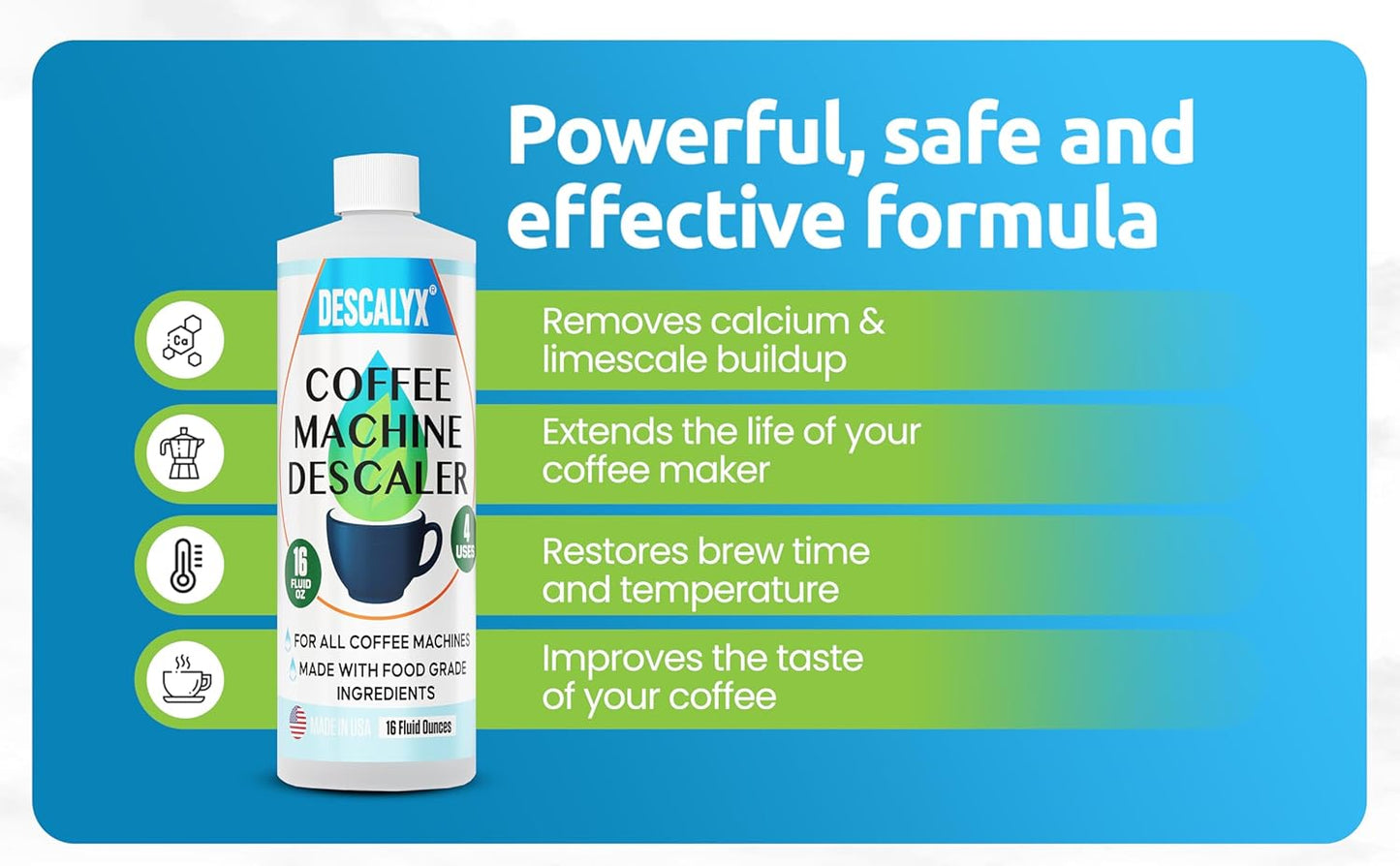 Coffee Machine Descaling Solution | 16 oz (4 uses) | Keurig Breville Nespresso Cuisinart | Coffee Machine Liquid Descaler Cleaner | Automatic Coffee Makers & Espresso Machines. Made in USA