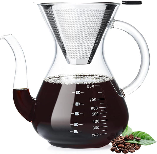 Unbreakable - Pour Over Coffee Maker with Double Stainless Filter 34 fl oz, Thickened Heat-Resistant Borosilicate Glass Pour Over Coffee Dripper, Stovetop Safe