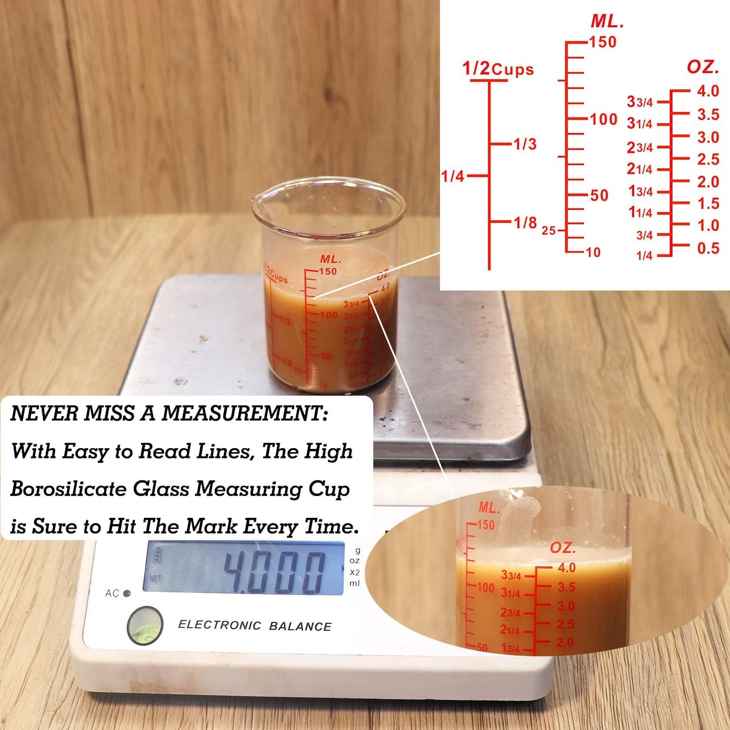 3 Piece Glass Measuring Cup Set, Includes 1/2-Cup, 1-Cup, and 2-Cup High Borosilicate Glasss Liquid Measuring Cups, Dishwasher, Freezer, Microwave, and Preheated Oven Safe, Essential Kitchen Tools