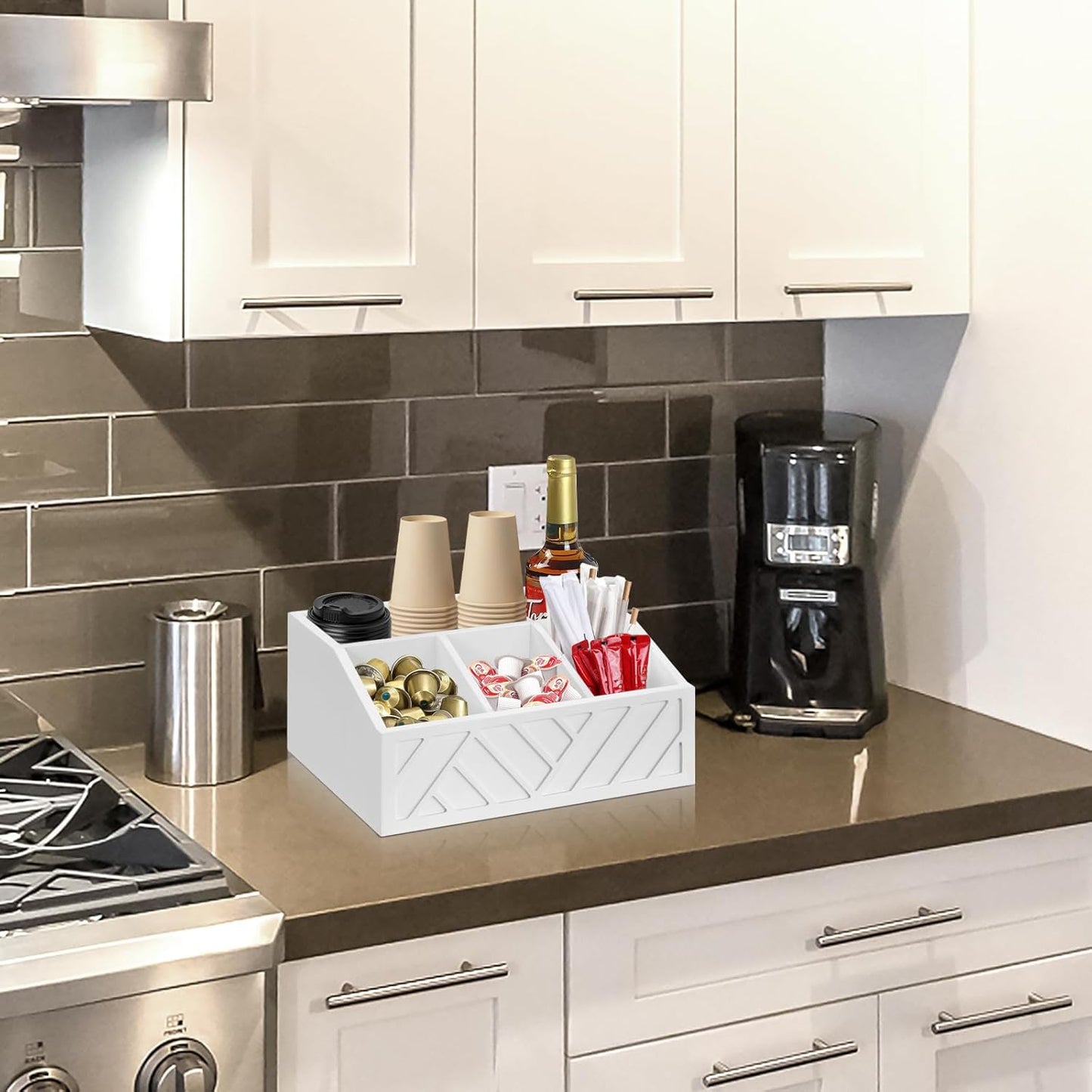Wood Coffee Station Accessories - Coffee Bar Decor Organizer, Pod Syrup Holder, Condiment Organizer for Countertop (White)