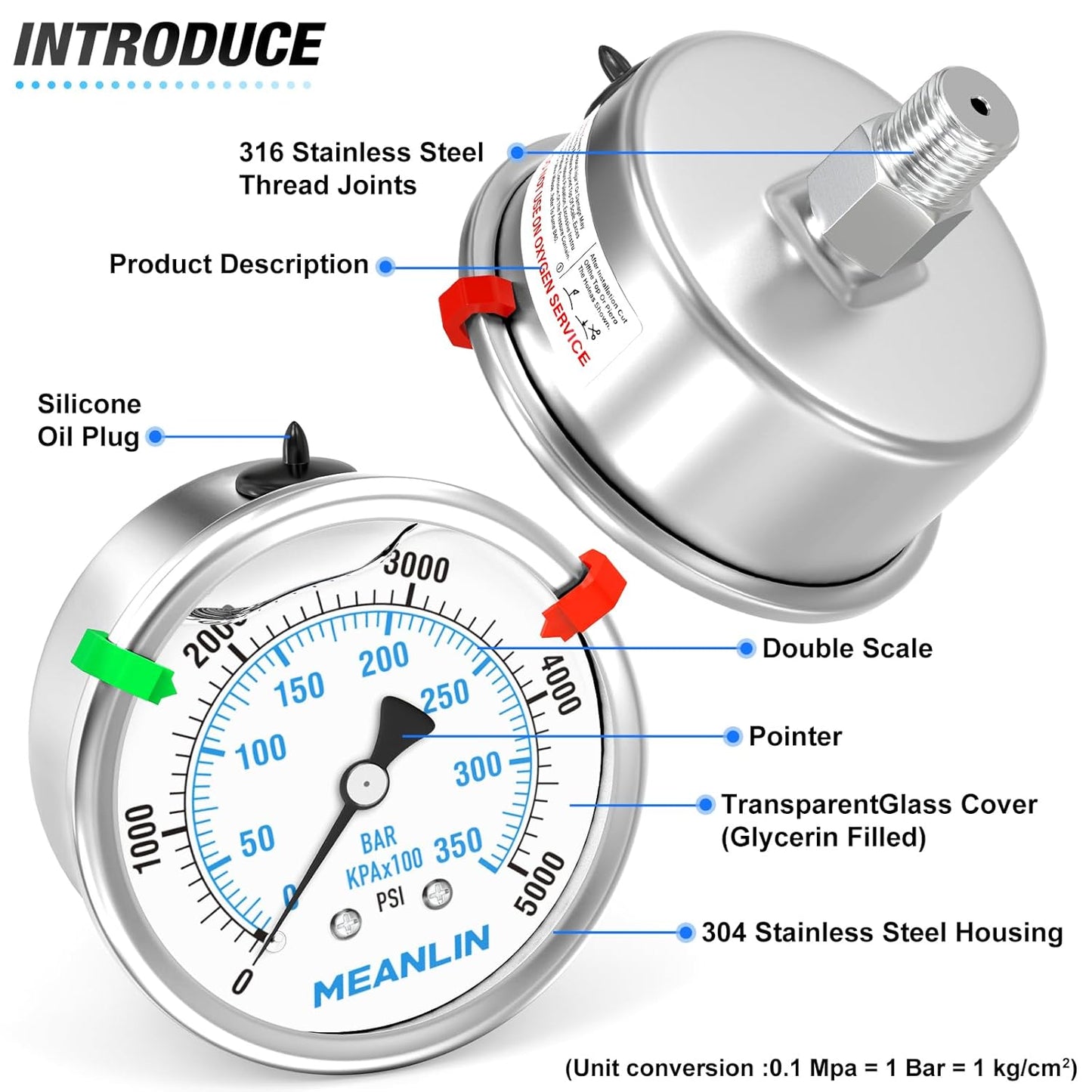 MEANLIN MEASURE 0~5000Psi Liquid Filled Pressure Gauge Stainless Steel 2.5" FACE DIAL 1/4" NPT 316 Stainless Steel Joint for WOG Water Oil Air Back Mount, with 2PCS Snaps