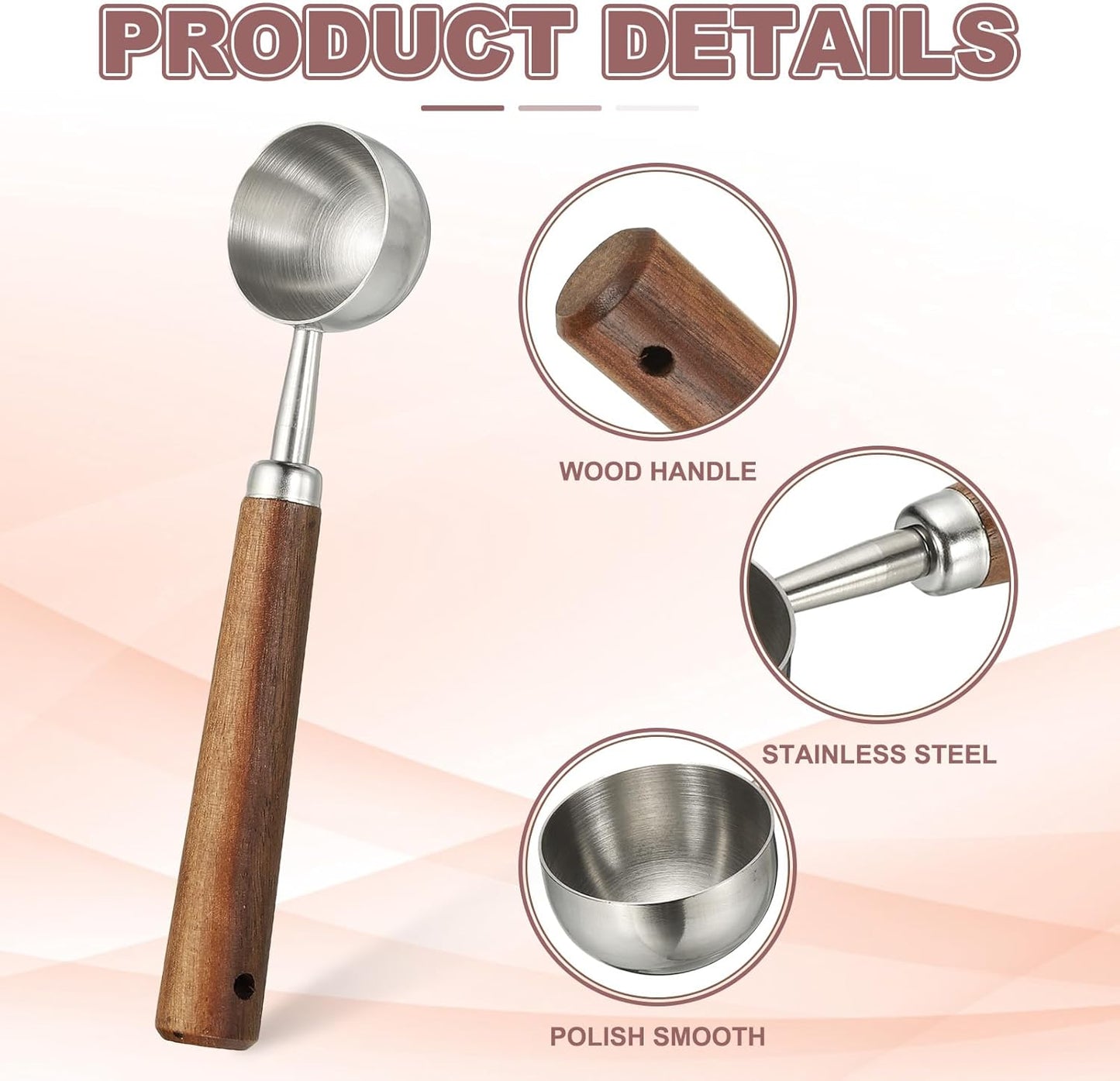 uxcell 2pcs Coffee Measuring Spoon, 4" x 0.7" 15ml Stainless Steel Coffee Scoop with Wood Handle for Ground Coffee or Loose Leaf Tea Silver