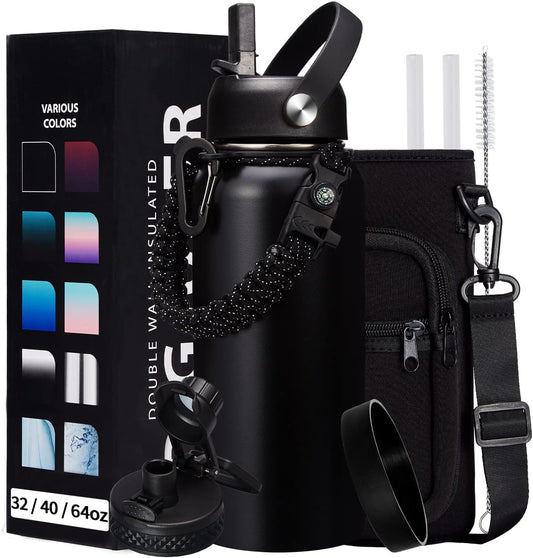 32-40-64OZ Stainless Steel Water Bottle - Black Water Bottle with Straw & Spout Lid, Paracord Handle & Bottle Sleeve, Insulated Vacuum Water Flask Double-Wall Metal Thermo Cup Canteen for Gym School