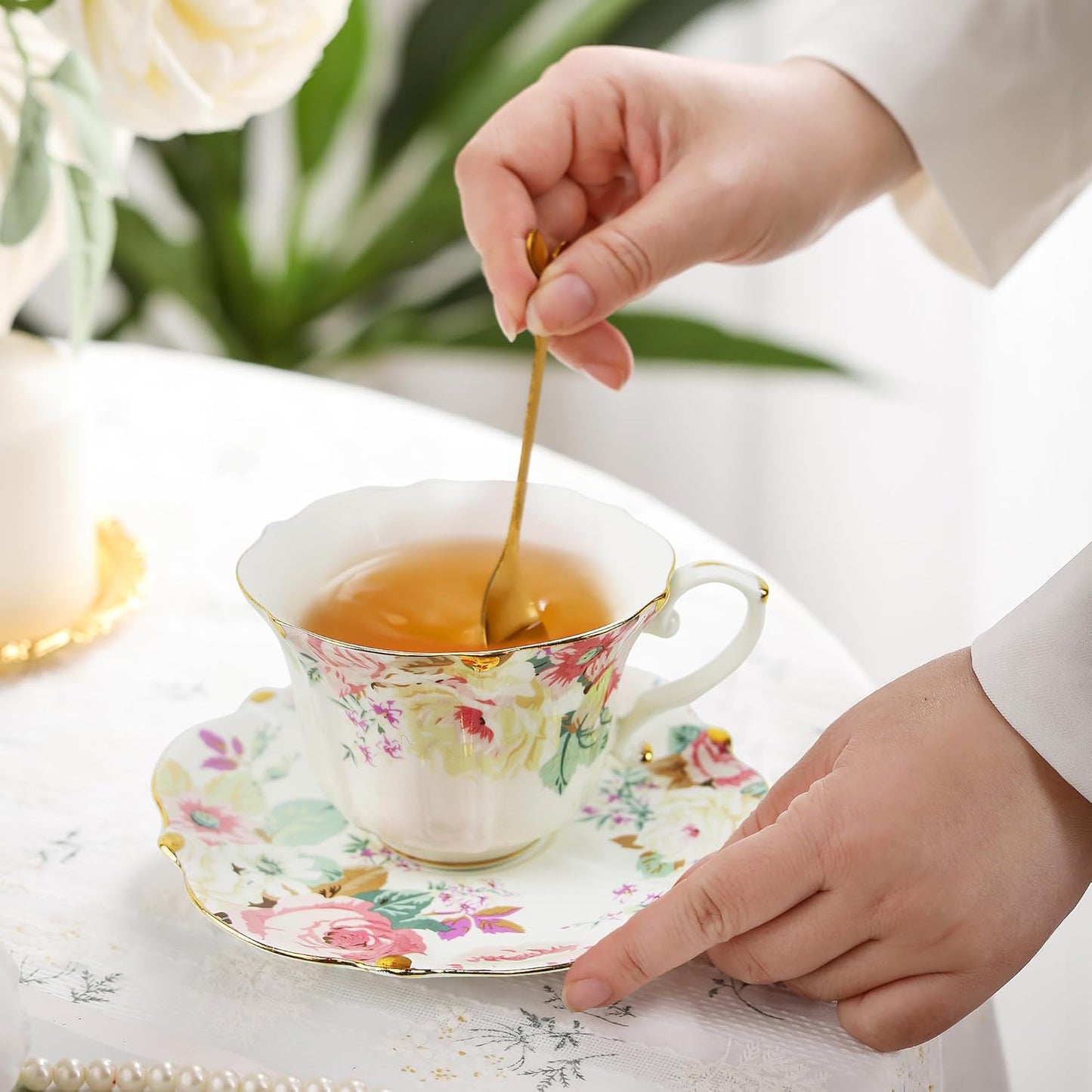 TATSUMI Country Roses Bone China Tea Cup and Saucer Set, 3 Pieces, Vintage Style, For Women and Tea Parties(Pink,1 Set)