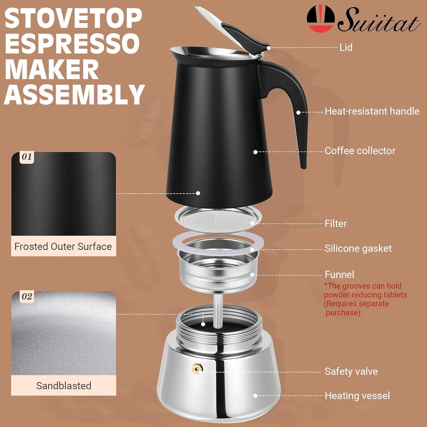 Moka Pot, 6 Cups (10.6 oz) Stovetop Espresso Maker, 304 Stainless Steel Moka Pot, Induction Compatible, Black