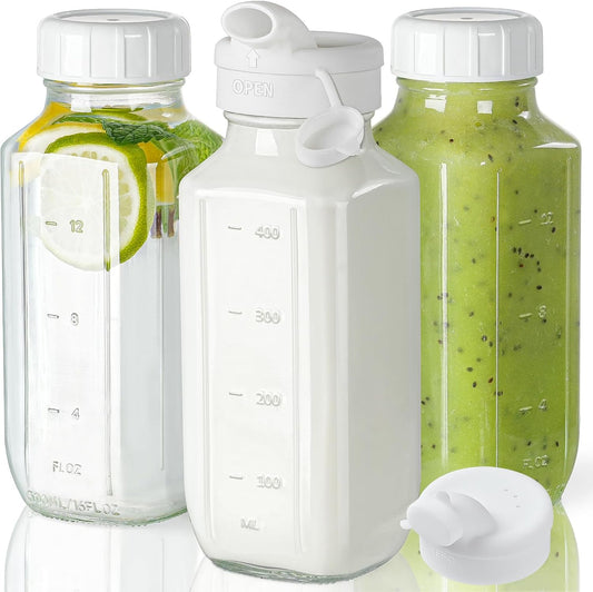 Glass Juice Bottles with Lids, 3 Pack Clear Glass Water Bottles w 2 Pour Spouts, 16 Oz Reusable Milk Jug w 100% Airtight Cap and Scale for Juicing Containers, Breast Milk Storage, Drinking Jar