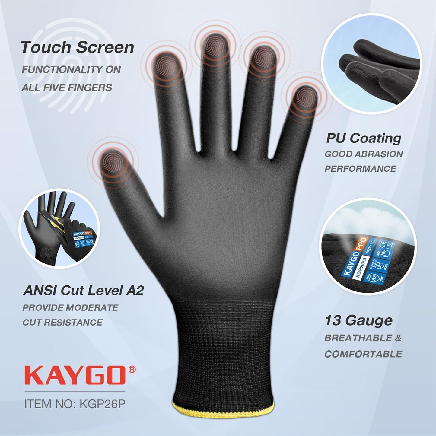 KAYGO Cut Resistant Gloves PU Coated, 12 Pairs Safety Work Gloves with full fingers Touchscreen, ANSI Cut Level A2, for Men and Women, Ideal for General Duty Work KG11P, Black,M