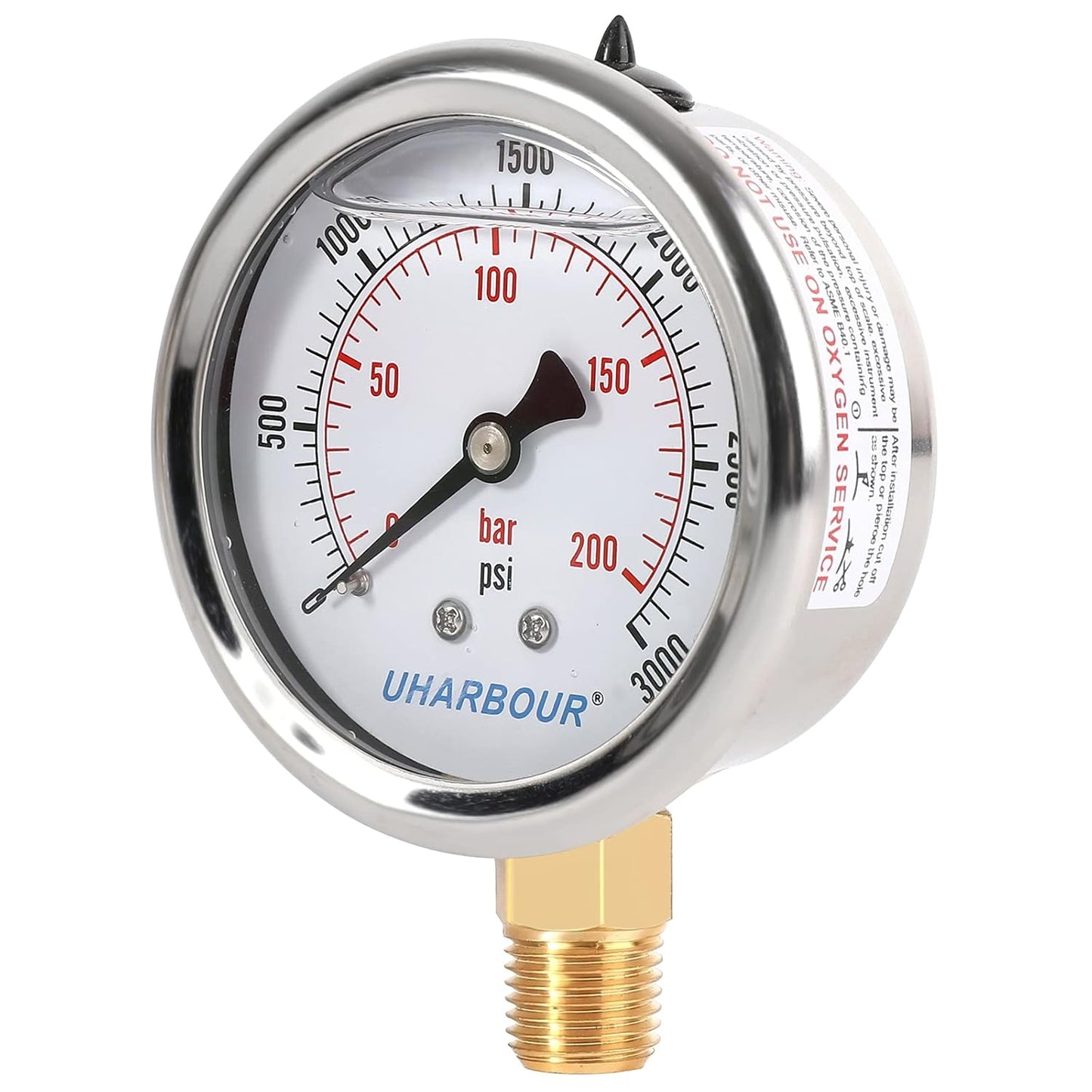 Glycerin Filled Pressure Gauge 3000psi/200bar, Stainless Steel case, Brass Inside Construction, 2-1/2" dial, 1/4" NPT Rear Connection.
