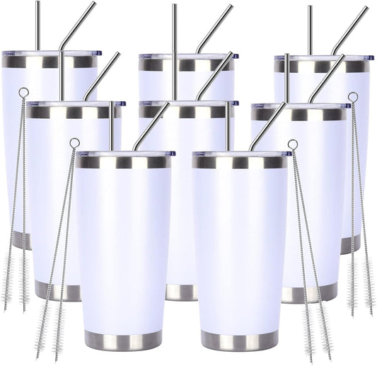 Pandance 20oz Stainless Steel Insulated Tumblers with Lid and Straw Bulk, Double Wall Vacuum Water Cups for Hot & Iced Coffee Drinks Travel Mug (White, 8 pack)