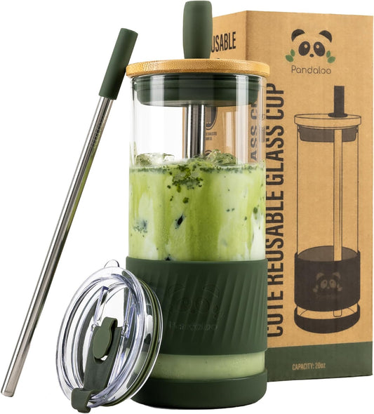 Pandaloo® Glass Cups With Lids and Straws -20 Fl Oz- Perfect Size Iced Coffee Cup - Smoothie Cup With Bamboo Lid and On the go Lid - Glass Tumbler With Straw (1 Count (Pack of 1), Mediterranean Olive)