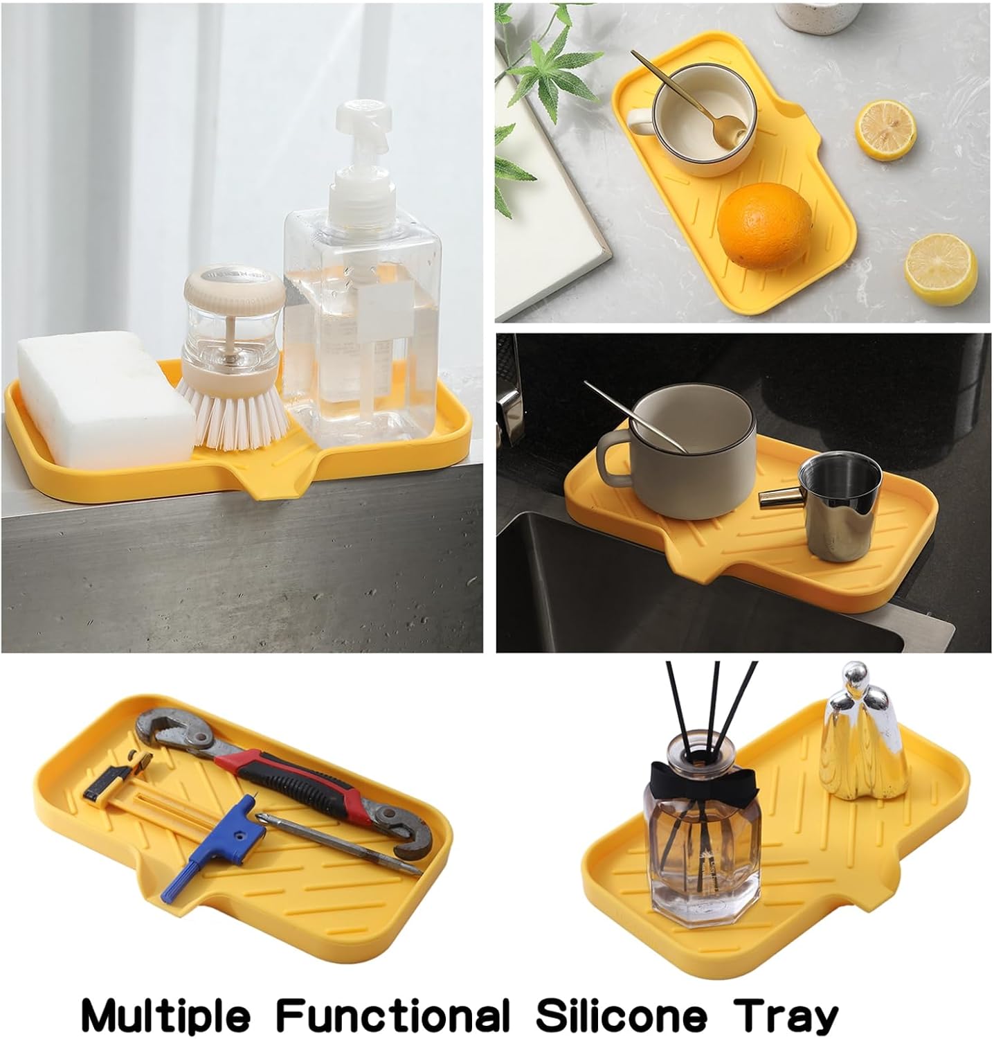 Silicone Bathroom Soap Dishes with Drain Spout-Bathroom and Kitchen Sink Organizer,Sponge Holder,Dish Soap Tray,Perfect for Dispenser,Scrubber,Bottle,Cup on Sink or Counter-Yellow 9.6"×5.3"