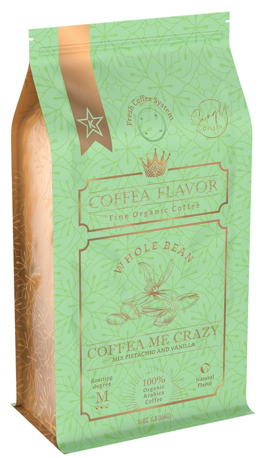 Coffea Me Crazy – Vanilla Pistachio Flavored Whole Bean Coffee – Organic, Medium Roast, 100% Arabica, Single Origin – Naturally Flavored – by Coffea Flavor
