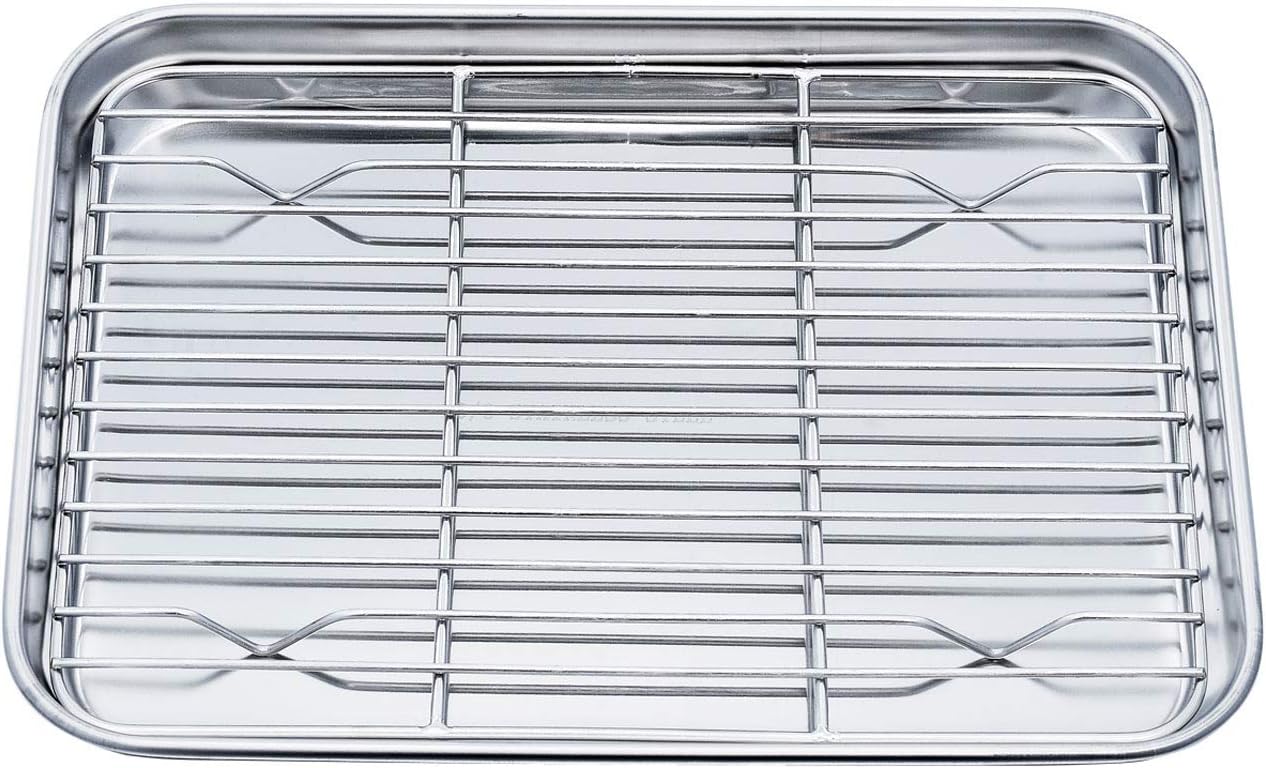 TeamFar Toaster Oven Pan Tray with Cooling Rack, Stainless Steel Toaster Ovenware Pan, Compact 8''x10''x1'', Healthy & Non Toxic, Rust Free & Easy Clean - Dishwasher Safe