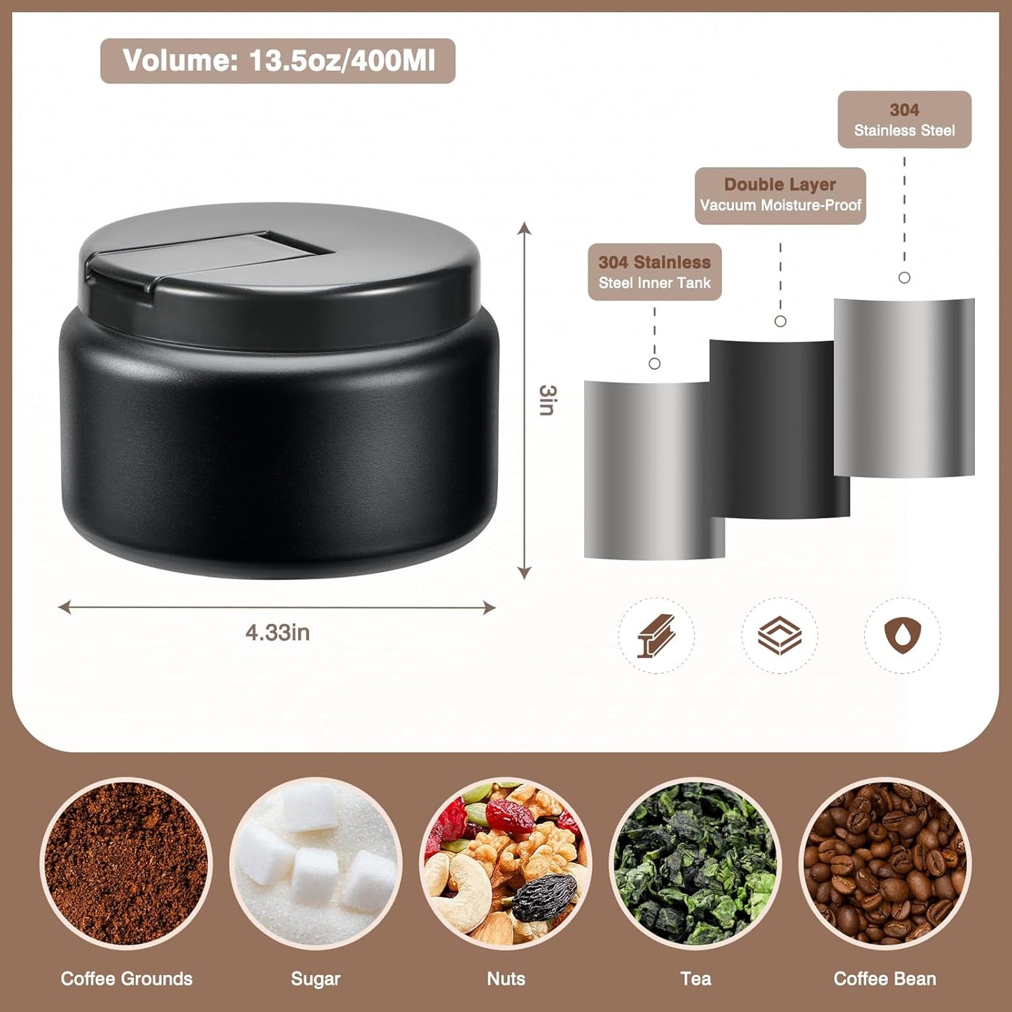 Coffee Canister, Premium Stainless Insulated Vacuum Steel Coffee Bean Storage Container Travel Jar, Kitchen Food Airtight Coffee Grounds Container for Tea, Sugar, Flour (13.5oz-Black)