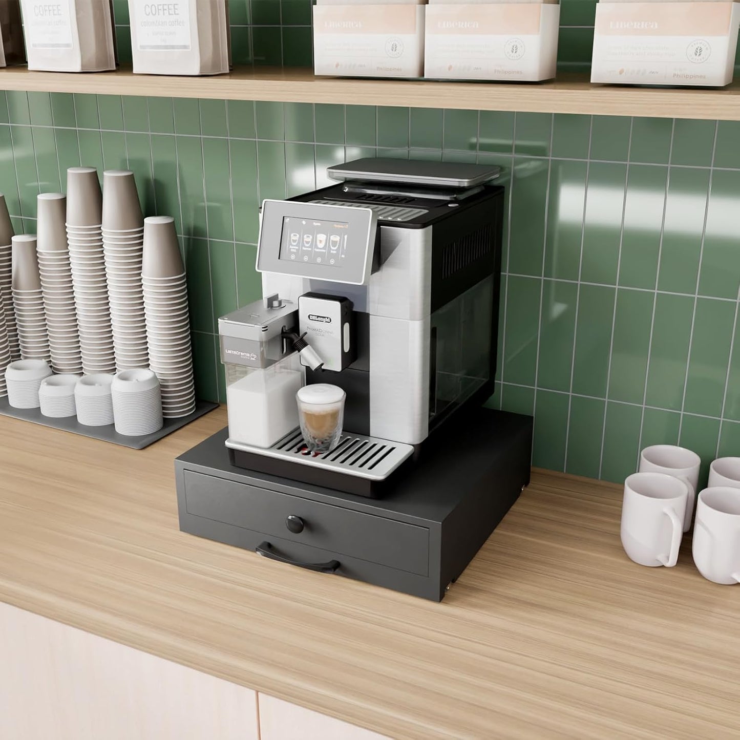 NiHome Acacia Wood Coffee Machine Tray with Pod Drawer, Smooth Wheels Rolling Appliance Slider, Large Drawer for K-Cups, Tea Bags, Under Cabinet Countertop Caddy for Espresso Maker, Blender, Air Fryer