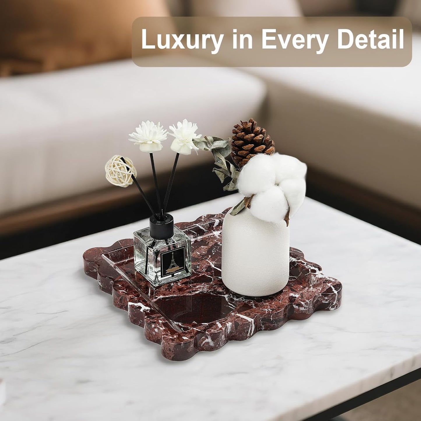 Natural Marble Vanity Tray - Moujings Genuine Marble Perfume Tray for Bathroom Decor, Stone Bathroom Vanity Organizer Tray for Kitchen Counter, Candles, Jewelry, Coffee, Makeup, Key