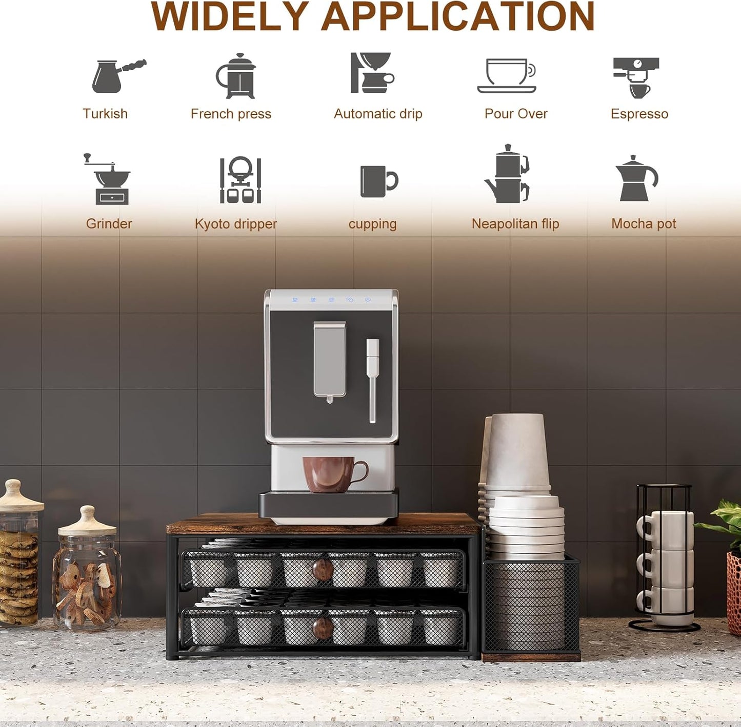 TQVAI K Cup Holder - 60 Capsule Capacity 2 Tier Sliding Pods Storage Drawer with Disposable Cups & Lids Holder, Coffee Bar Station Organizer for Countertop, Black