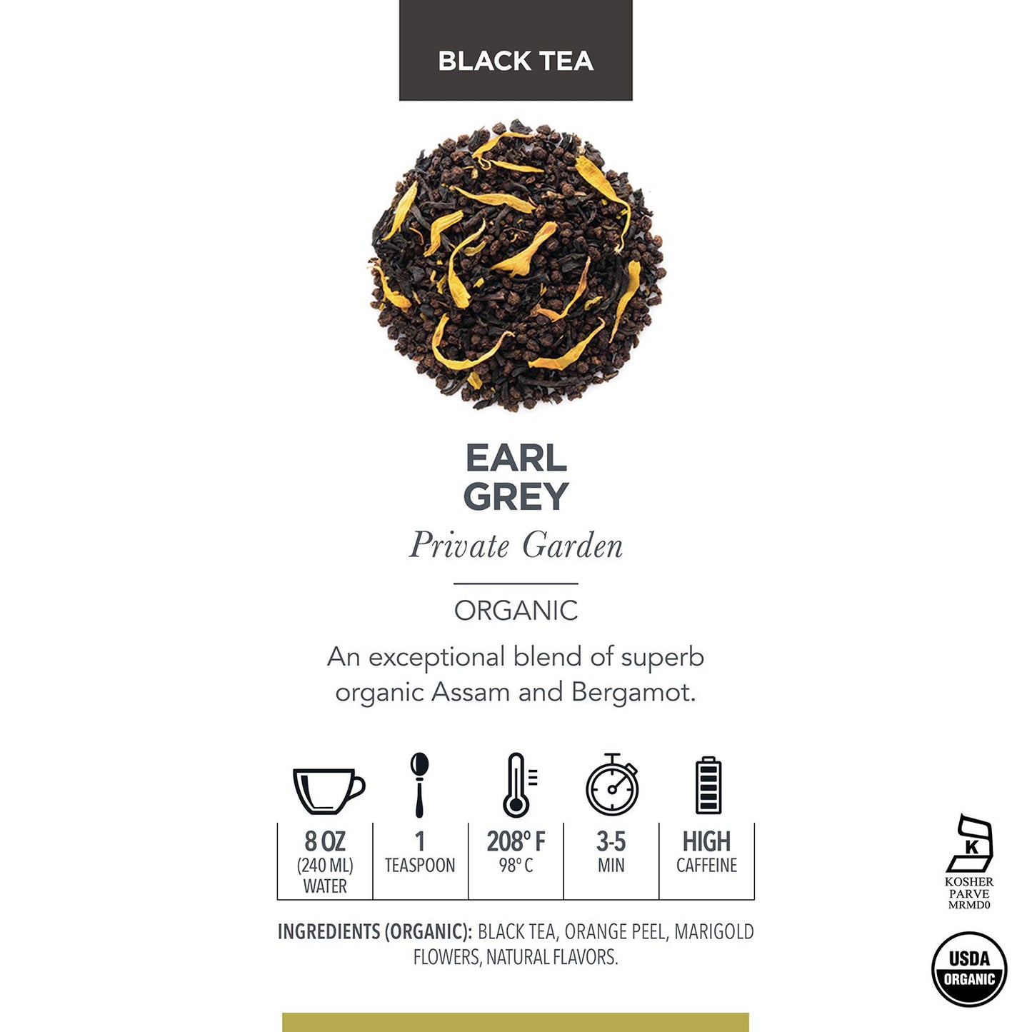 Teabloom Organic Black Tea, Earl Grey Private Garden Loose Leaf Tea, Classic Assam Whole Leaf Blend, USDA Certified Organic, Kosher Certified, 3.53 Ounce Loose Leaf Tea Canister Makes 35-50 Cups