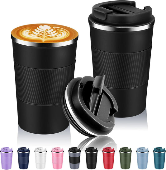 Volhoply 13 oz Stainless Steel Insulated Travel Coffee Mug with Fip Lid Bulk 2 Pack,Reusable Double Wall Vacuum Metal Coffee Cup,Portable Leak Proof Thermal Tumbler for Hot & Cold Drinks(Black,2)
