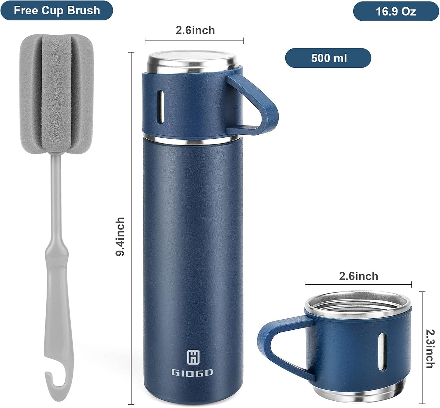 Stainless Steel Thermo 500ml/16.9oz Vacuum Insulated Bottle with Cup for Coffee Hot drink and Cold drink water flask.(Blue,Set)