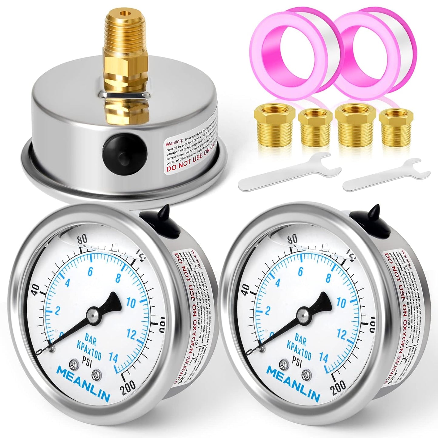 MEANLIN MEASURE 0~200Psi Stainless Steel 1/4" NPT 2.5" FACE DIAL Liquid Filled Pressure Gauge WOG Water Oil Air Back Mount (Pack of 2), with 1/2" NPT and 3/8" NPT Hex Bushing