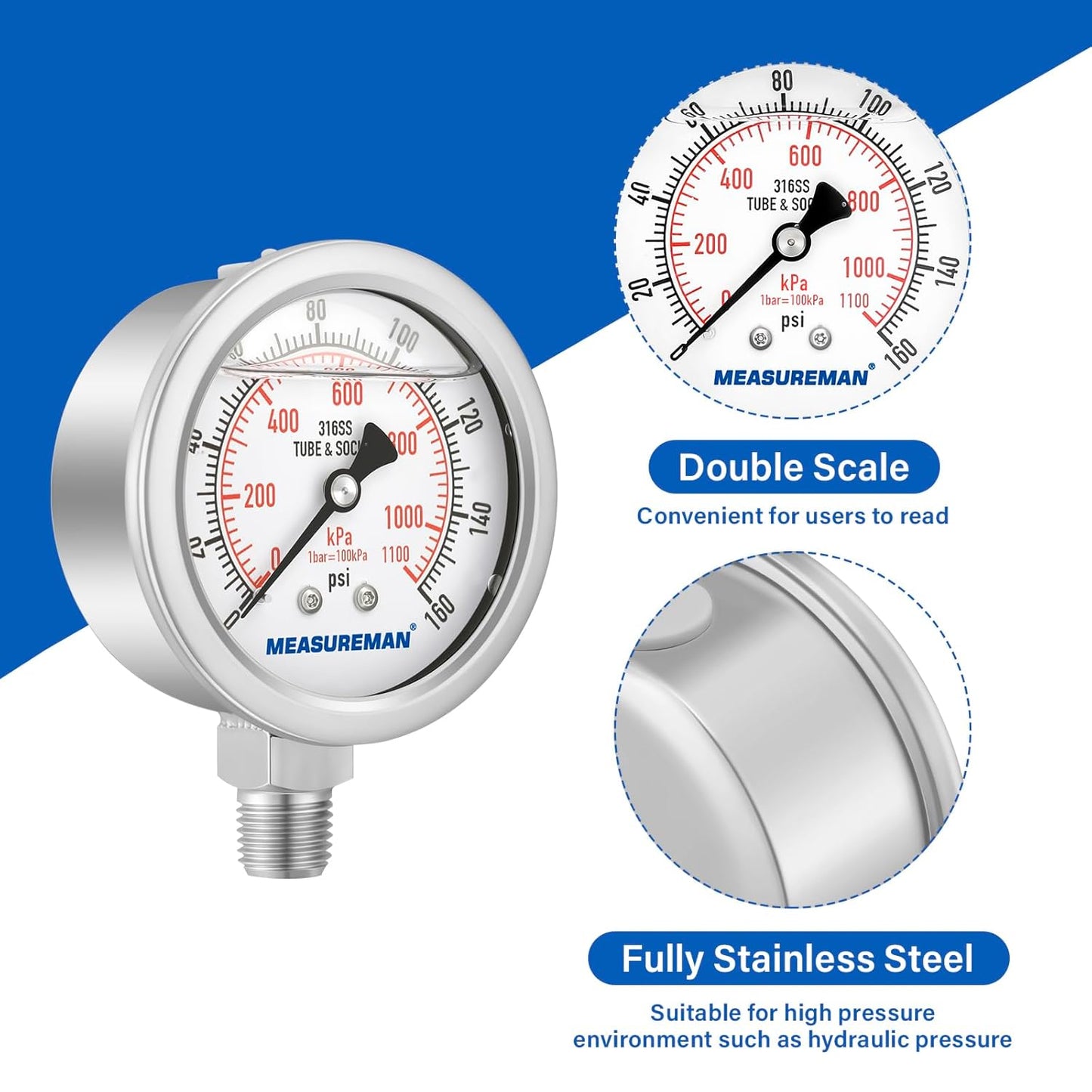 MEASUREMAN Fully Stainless Steel Hydraulic Glycerin Filled Pressure Gauge, 2-1/2" Dial Size,0-160psi/kpa,1/4" NPT Lower Mount