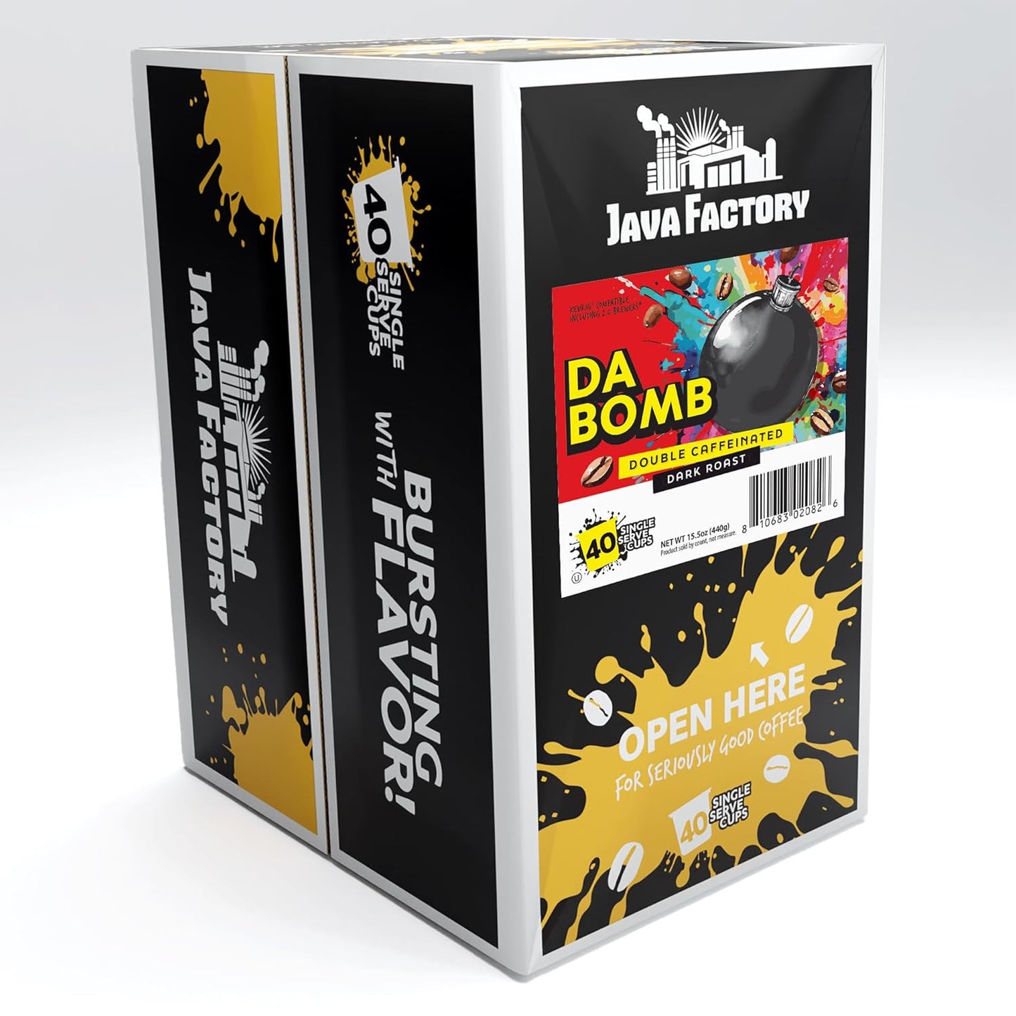 Java Factory High Caffeine Coffee Pods, Da Bomb Dark Roast, 40 Count - Compatible with K Cup Brewers 2.0, Extra Caffeine for a Strong Start to Your Day
