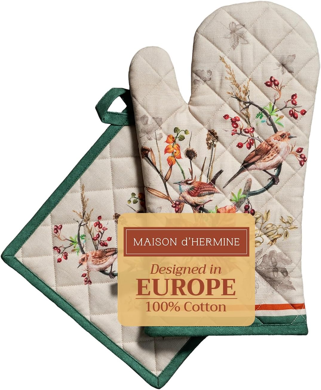 Maison d' Hermine 100% Cotton Oven Mitt & Pot Holder Set (7.5"x13" & 8"x8") Heat Resistant BBQ Cooking Gloves with Loop, Baking, Grilling, Kitchen, Handling Hot Pans (Recolte)