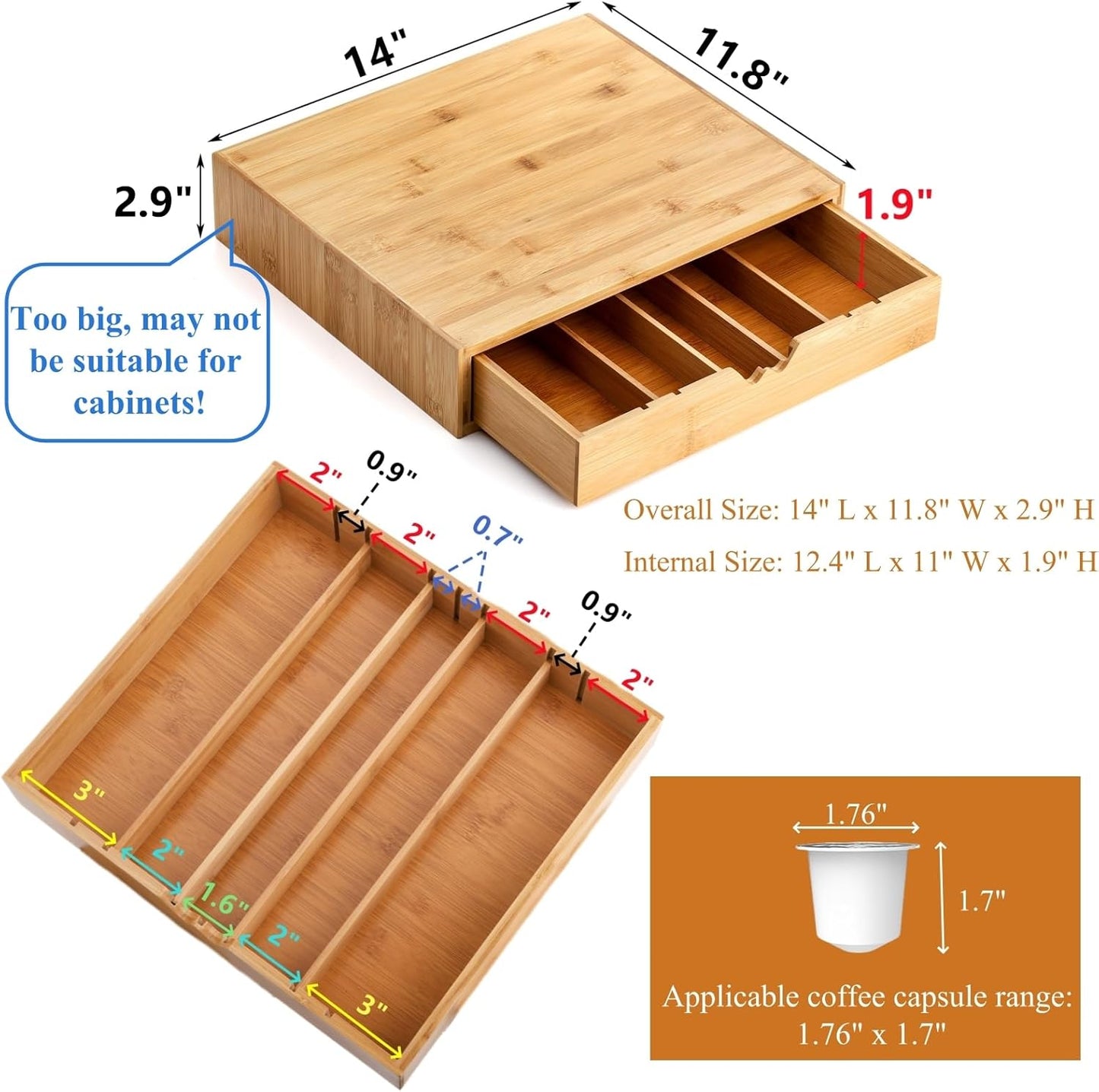 Peohud Bamboo Coffee Pod Drawer, Espresso Coffee Capsule Holder with 5 Adjustable Compartment, Tea Bag Storage Organizer for Kitchen Counter Office