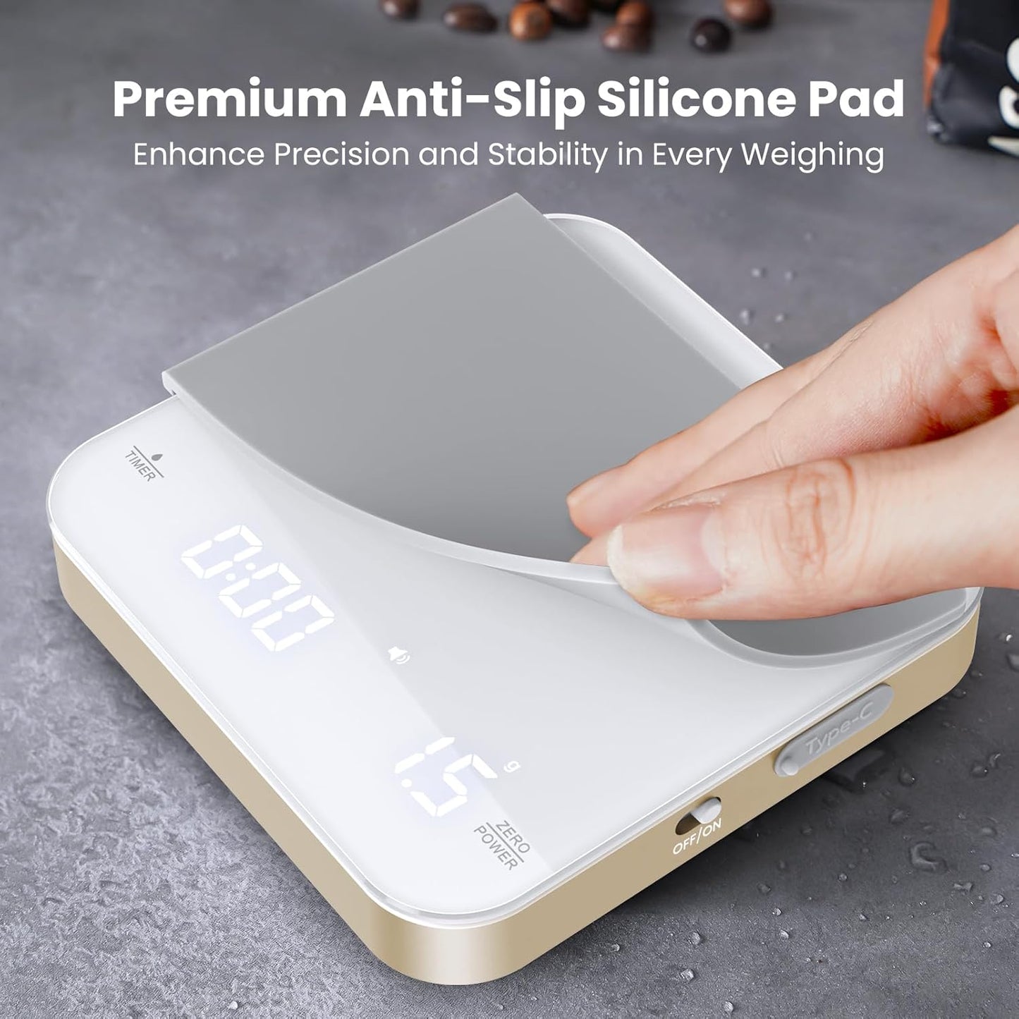 Rechargeable Mini Coffee Scale with Timer, Maestri House Espresso Scale, 2kg/0.1g Accurate Scale for Espresso and Pour-Over Coffee, Portable Digital Kitchen Scale with Automatic Timing（White&Glod）