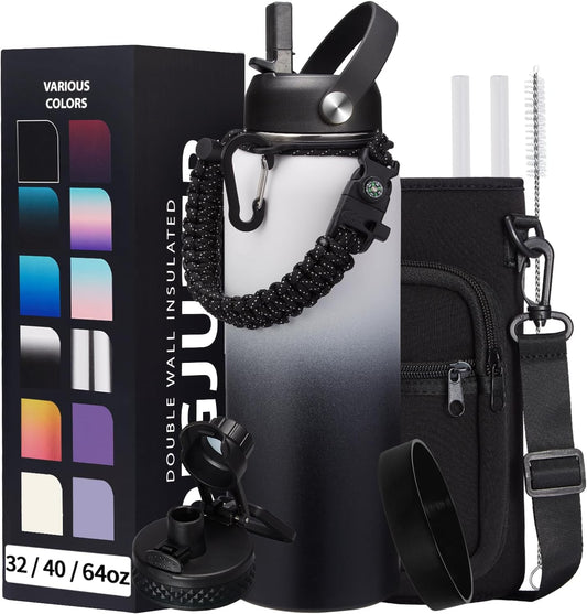 Stainless Steel Water Bottle 40oz with Straw & Auto Spout Lids, Paracord Handle, Insulated Water Flask Carrier Bag & Protective Boot, Thermo Bottle Mug Metal Canteen Keep Cold-48H & Hot-24H