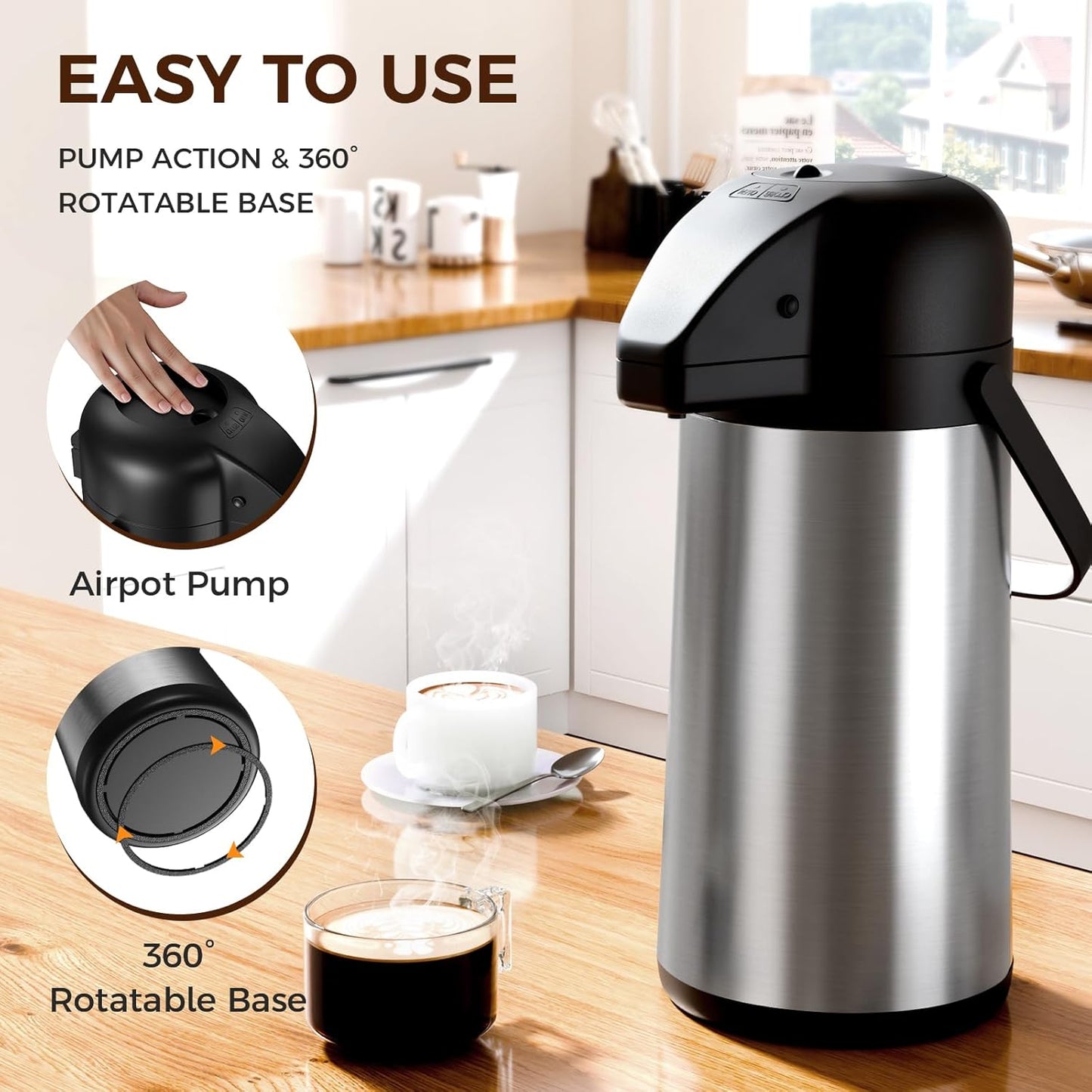 Coffee Carafe for Keeping Hot - 85OZ / 2.5L Airpot Coffee Dispenser with Pump - Large Coffee Thermos for Hot Drinks Tea Liquid - Insulated Stainless Steel Hot Water Beverage Dispenser Urn for Parties