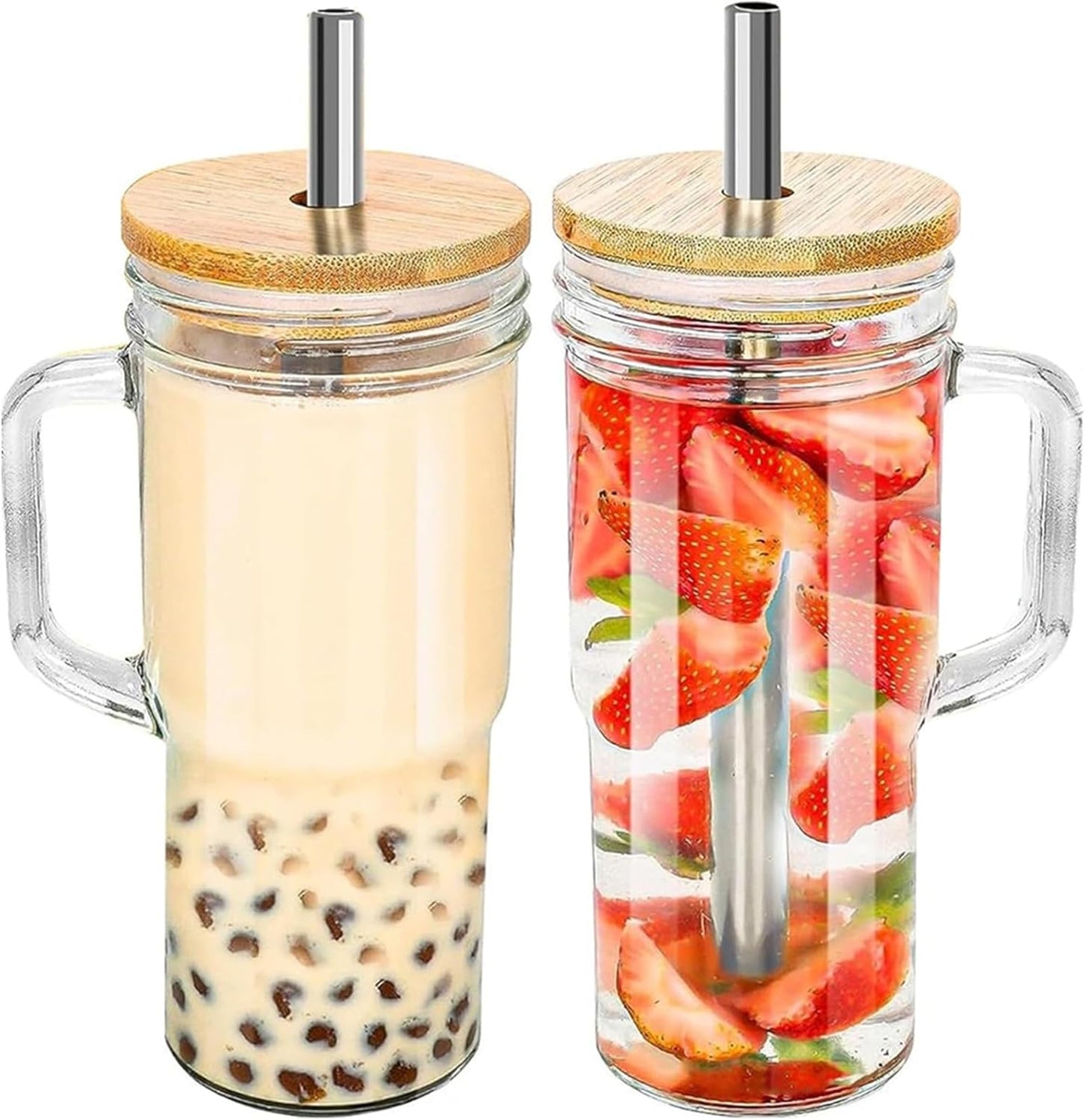24oz Mason Jar Cups with Handle, Clear Glass Tumbler with Bamboo Lid and Straw, 2 Pack Glass Iced Coffee Cup with Lids, Cold Drinking Glasses for Iced Coffee, Juice, Bubble Tea,cola