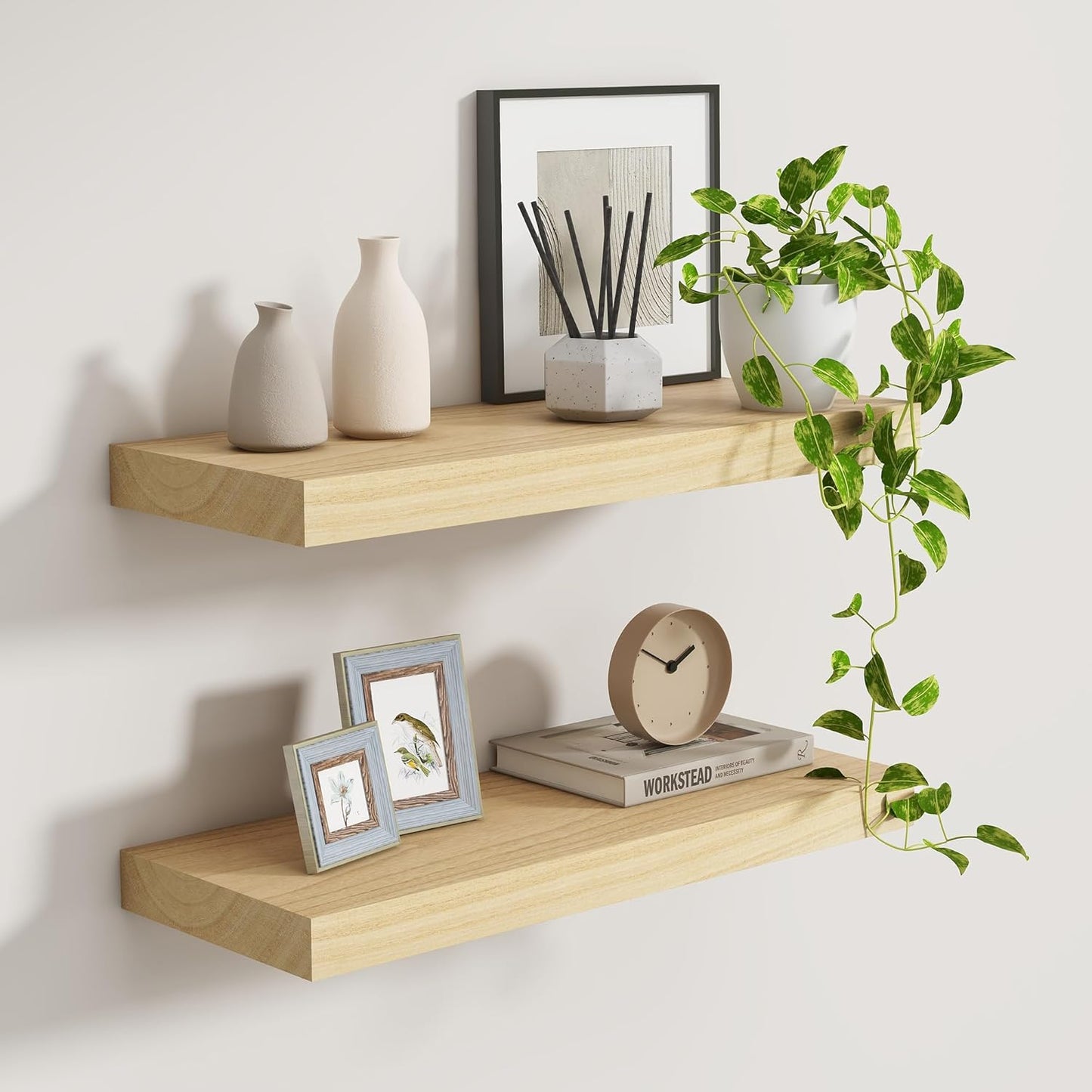 Floating Shelves24 Inch Long , 9 Inch Deep Floating Shelves for Wall, Solid Wood Floating Shelf, Deep Wall Shelves for Living Room, Bathroom, Kitchen, 24"W x 9.3"D x 1.6"H, Burlywood, Set of 2