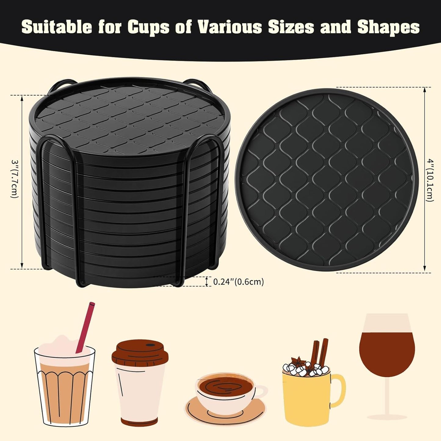 Coasters,Drink Coasters Set of 8 with Holder (Black, 12pcs)