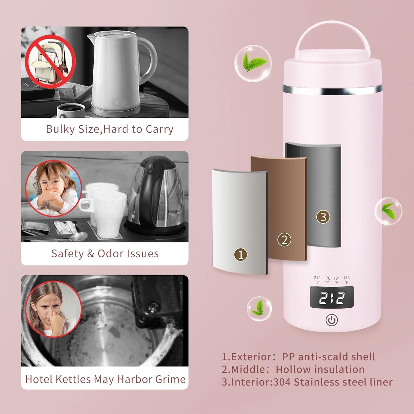 Travel Kettle Portable Electric Kettle with Plug-in Boiling & Keeps Warm via USB, Portable Water Boiler with 4 Temperature Settings, 304 Stainless Steel with Auto Shut-off 16oz(Pink)